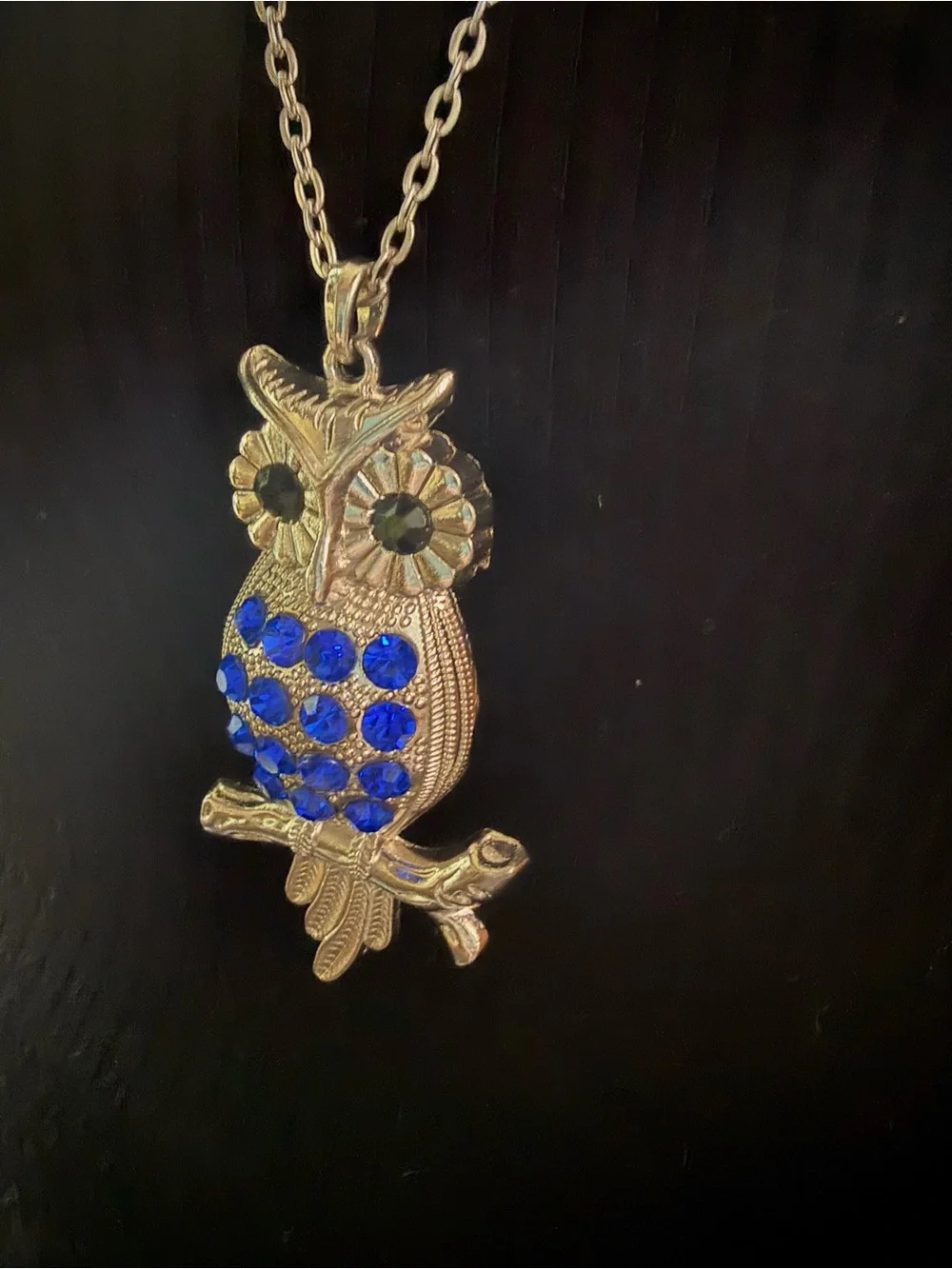 Silver Owl Pendant Necklace with Blue Crystal Accents